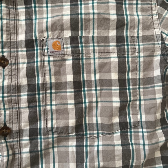 Carhartt Men's Button Down Relaxed Fit Short Sleeve Grey/Teal Plaid Shirt Size L - Picture 2 of 4